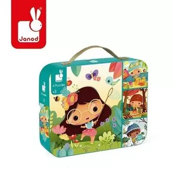 Janod, пазлы, прогрессивные в чемодане Времена года, 4 пазла, 6/9/12/16 деталей.