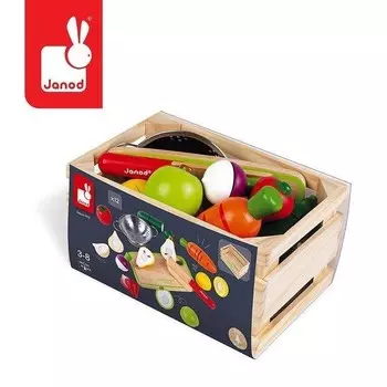 Janod, развивающая игрушка Коробочка с овощами и фруктами для нарезки.