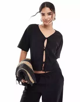 JDY Черный топ из льняной смеси с завязкой спереди, коорд