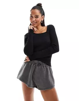 JDY Черный топ с длинными рукавами и квадратным вырезом с принтом