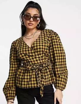 JDY желто-черная блузка в клетку с запахом