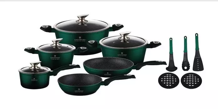 Эденберг 15 шт. Набор кастрюль, темно-зеленый, антипригарное покрытие, кухонная утварь, набор индукционных кастрюль, кастрюли с покрытием, набор кастрюль, набор посуды EB5628 EDENBERG