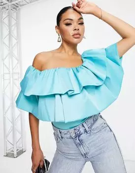 Эффектное синее боди с открытыми плечами и двумя рюшами ASOS Going Out