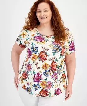 Эффектный топ с овальным вырезом JM Collection Plus Size Garden Macy's, мультиколор