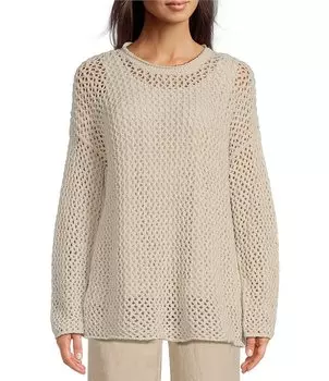 Эйлин Фишер Перуанский букле из органического хлопка с круглым вырезом, заниженными плечами, длинными рукавами, свободный свитер Eileen Fisher, бежевый