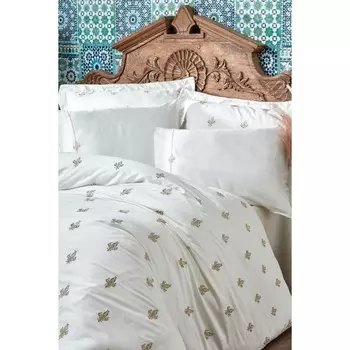 Экокотон Aslisah King Size Комплект постельного белья 100% органический хлопок сатин с вышивкой Белый 220X240 см
