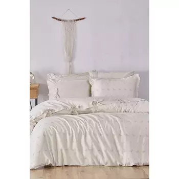 Экокотон Carmen King Size Комплект постельного белья 100% органический хлопок, атлас с вышивкой, бежевый, 220X240 см