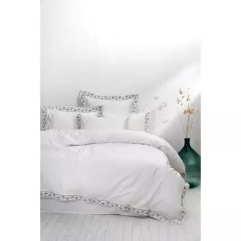 Экокотон Mira King Size Комплект постельного белья из 100% органического хлопка, атласа, кремового цвета с вышивкой, 240X220 см