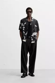 Эластичная рубашка с цветочным принтом ZARA, темно-синий