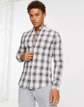 Эластичная рубашка скинни в нейтральную клетку ASOS DESIGN