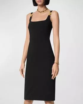 Эластичное платье-футляр из техно-кади без рукавов с квадратным вырезом и квадратным вырезом Versace, цвет Black