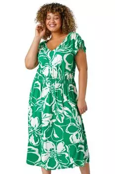 Эластичное платье миди Curve с цветочным принтом и складками Roman, зеленый