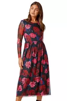 Эластичное платье миди из сеточки с цветочным принтом Roman, красный