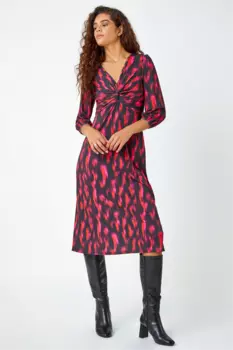 Эластичное платье миди с абстрактной закрученной передней частью и принтом фуксия Roman