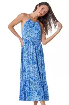 Эластичное платье миди с вырезом пейсли и сборками Roman, синий