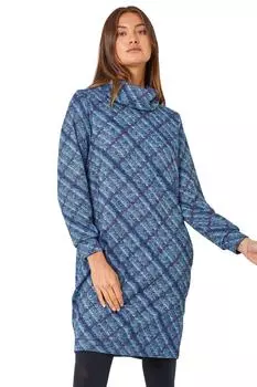 Эластичное платье с воротником-хомутом в клетку Roman, синий