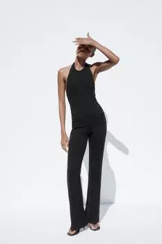 Эластичный комбинезон с расклешенным низом на холтер ZARA, черный