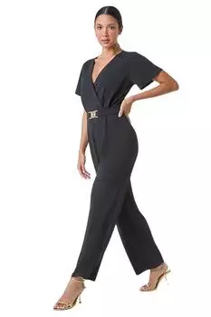 Эластичный комбинезон с широкими штанинами и металлизированной пряжкой Roman, черный