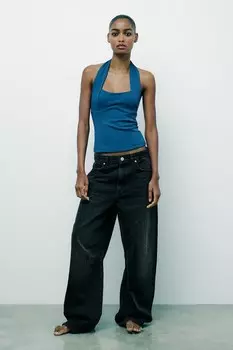 Эластичный топ-халтер со сборками ZARA, синий