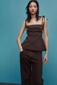 Эластичный топ с бантиками ZARA, коричневый