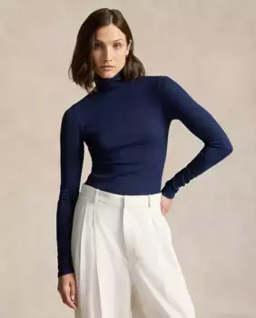 Эластичный женский свитер с высоким воротником Polo Ralph Lauren, темно-синий