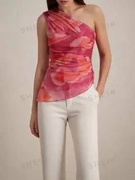 Элегантная асимметричная летняя майка Modichic Mesh Tie Dye со случайным принтом и рюшами Shein, мультиколор