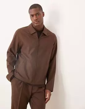 Элегантная куртка Харрингтон ASOS DESIGN коричневого цвета с узором «ёлочка»