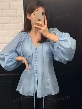 Элегантная женская блузка, рукава расклешенные, веревочная ткань, однотонная Dazy, синий