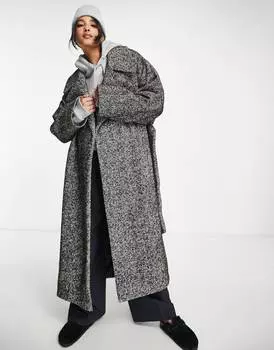 Элегантное черно-белое пальто с поясом в елочку ASOS DESIGN