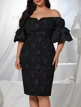 Элегантное коктейльное платье, большого размера, с открытым плечом, рукавами с рюшами, черное Glamrae, черный