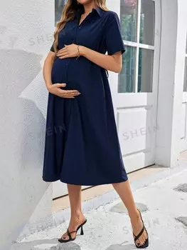 Элегантное Облегающее платье с круглым вырезом и короткими рукавами для беременных мам Shein, черный