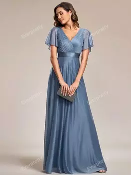 Элегантное платье для подружки невесты с рюшами на рукавах, вогнутым краем, V-образным вырезом и блестящим декором Ever-Pretty, пастельно-синий