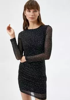 Элегантное платье Draped Crew Neck Long Sleeve Polka Dotted Mini Koton, черный