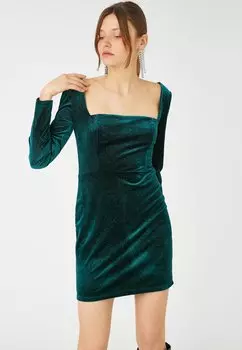 Элегантное платье Mini Party Silvery Square Neck Long Sleeve Koton, цвет dark green