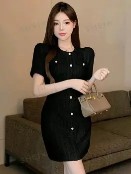 Элегантное платье, Однотонное, на пуговицах спереди, Облегающее, Женское, летнее Dazy, черный