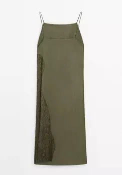 Элегантное платье Strappy With Embroidery Detail Massimo Dutti, темно-зеленое