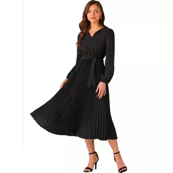 Элегантное плиссированное свободное платье для женщин, однотонное рабочее платье без рукавов с v-образным вырезом и длинными рукавами ALLEGRA K, черный