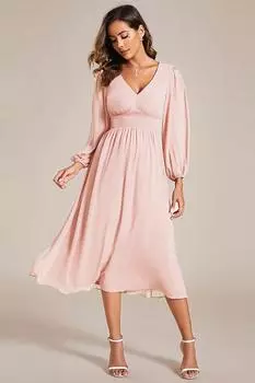 Элегантное свадебное платье миди с V-образным вырезом и длинными рукавами Ever Pretty, розовый