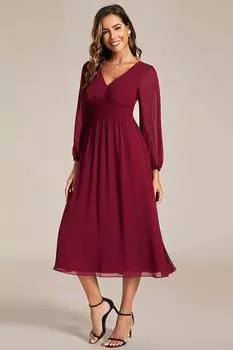 Элегантное свадебное платье миди с V-образным вырезом и длинными рукавами Ever Pretty, красный