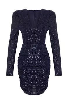 Элегантное вечернее платье темно-синего цвета с блестящими пайетками Trendyol, темно-синий