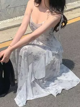 Элегантное Женское платье, цветочный принт, рюши на талии/рюши, бретельки-спагетти Dazy, белый