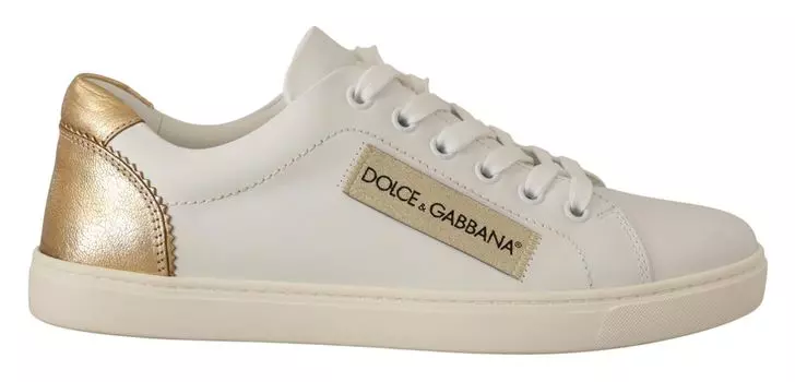Элегантные белые кожаные кроссовки с золотыми вставками Dolce & Gabbana