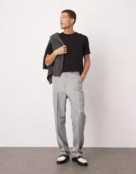 Элегантные брюки светло-серого цвета с эффектом шерсти ASOS DESIGN с завышенной талией, прямыми штанинами и узором «елочка»