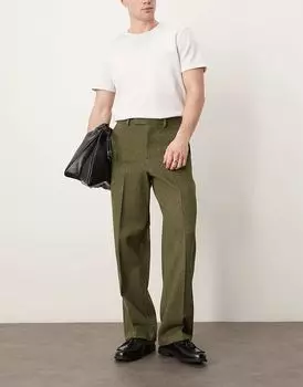 Элегантные широкие брюки из смеси шерсти темно-зеленого твила ASOS DESIGN