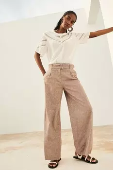 Элегантные широкие брюки с льняным поясом Next