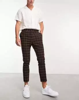 Элегантные зауженные брюки ASOS из коричневой смесовой шерсти с изящным рисунком в клетку