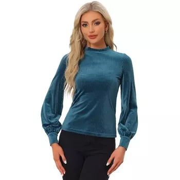 Элегантный бархатный топ для женщин с круглым вырезом, пышная велюровая блузка в рубчик с длинными рукавами ALLEGRA K, цвет Peacock Blue