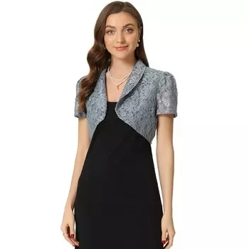 Элегантный кардиган-болеро с цветочным кружевом для женщин с воротником с лацканами и короткими рукавами ALLEGRA K, цвет Grey Blue
