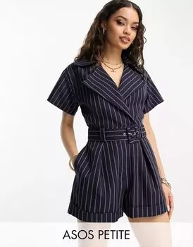 Элегантный комбинезон в тонкую полоску с поясом ASOS DESIGN Petite с короткими рукавами