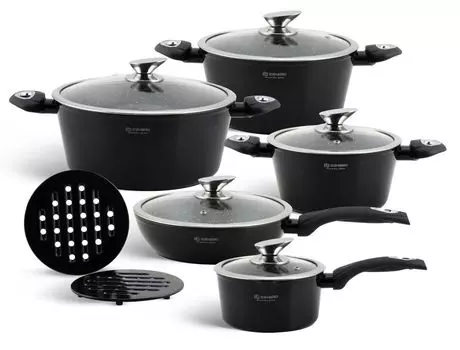 Элегантный набор черных кастрюль, 12 предметов, мрамор, индукция, подарок, EDENBERG